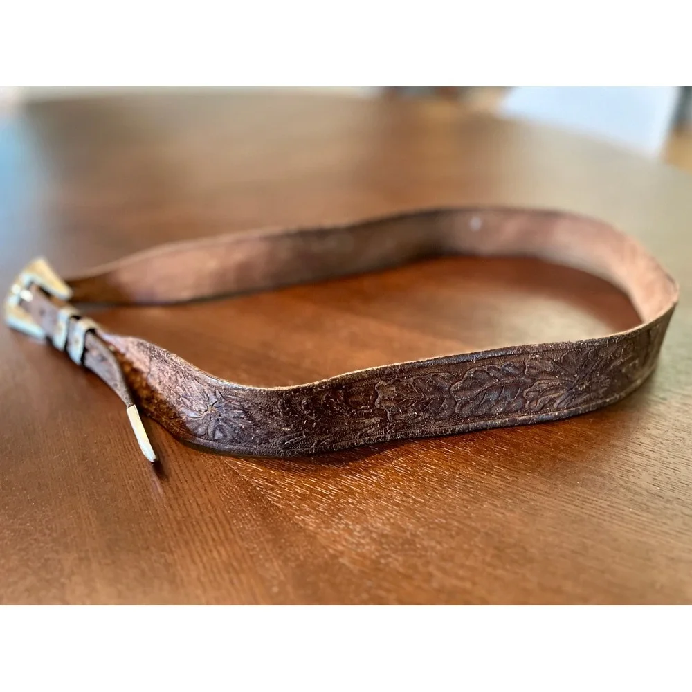 Vintage Tooled Leather Cowboy Belt JACK Personalized Floral Buckle Set 47
